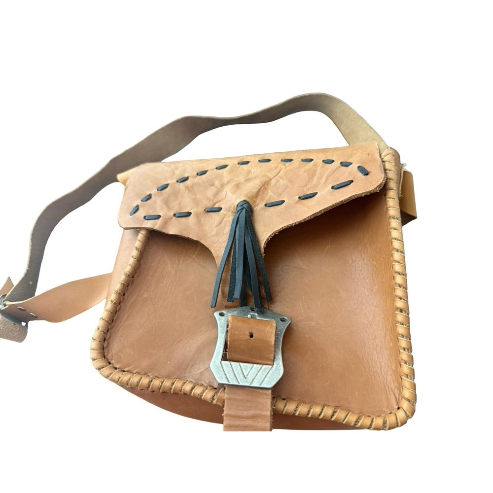 Vintage handmade leather whipstitch buckle adjustable strap handbag crossbody